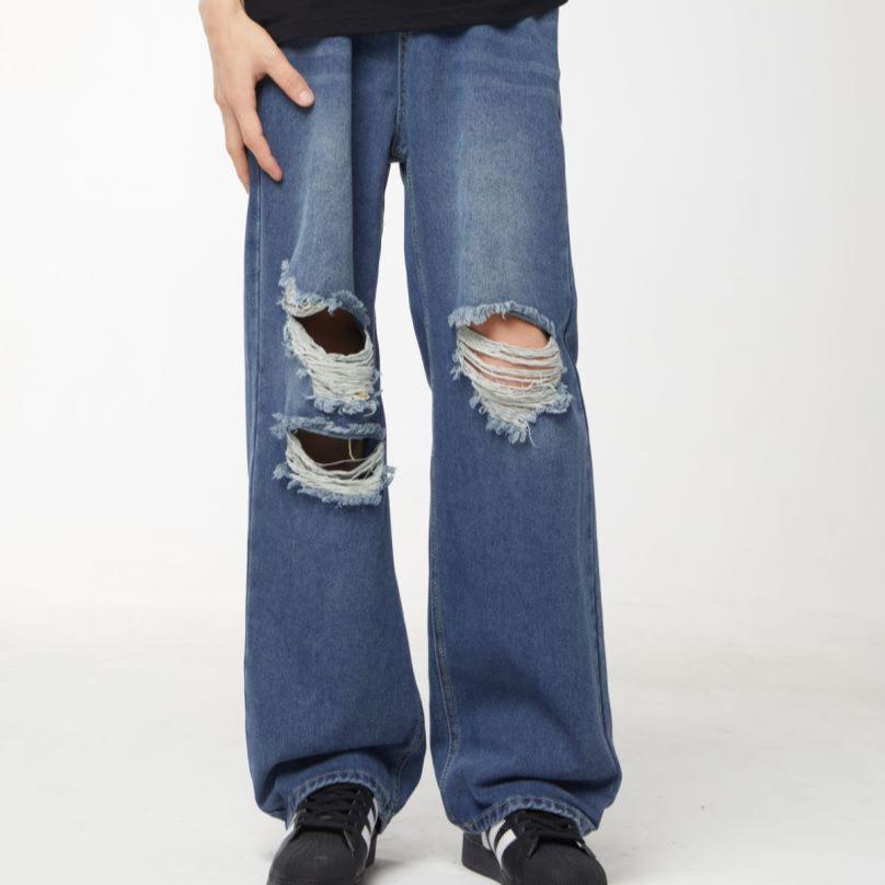 Retro ripped wide-leg jeans women's new summer American high street loose straight high-waisted floor-mopping pants