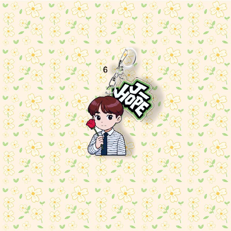 7pcs BTS Cartoon Rose Keychain, All Members' Design Pendant, Celebrity Merchandise Support Charm, ARMY Support Merchandise