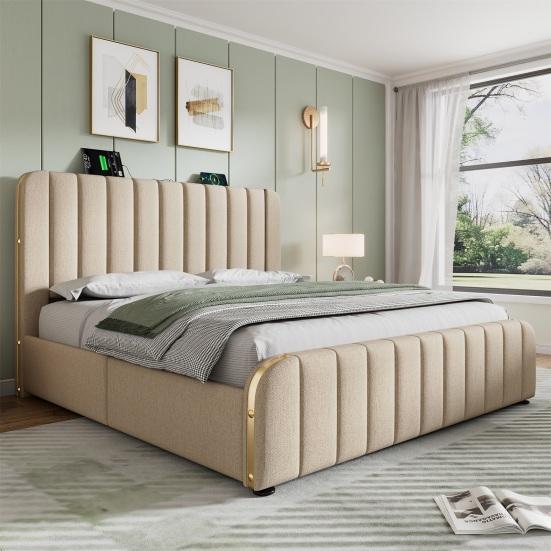 Upholstered Bed Double Upholstered Headboard with Golden Trim, USB Type-C Charging Function 180x200cm, Beige Linen Material with 4 Drawers, Load