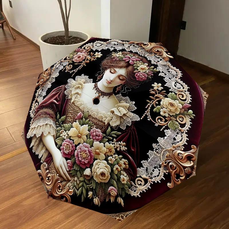 1PC Floral Portrait Umbrella-8-Rib Reinforced, Automatic Open, Lightweight & Durable, Cute Fashion Accessory for Outdoor, Beach or Casual Use, Beach U