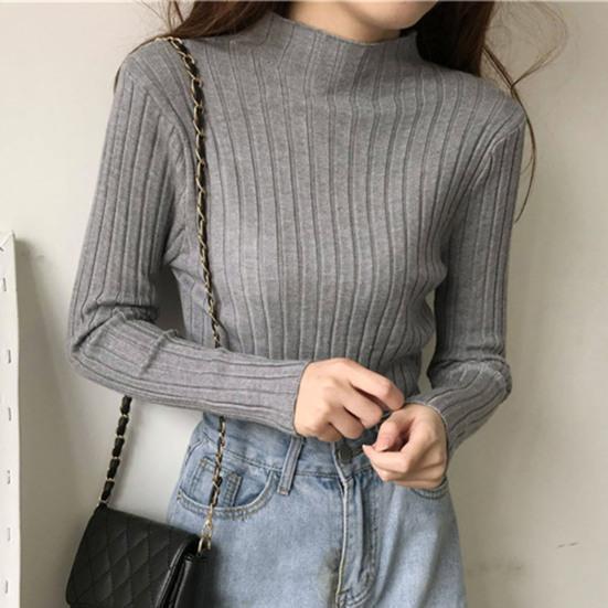 T-shirt moulant col semi-roulé manches longues tricot côtelé tops automne hiver chemise à superposer décontractée bureau soirée