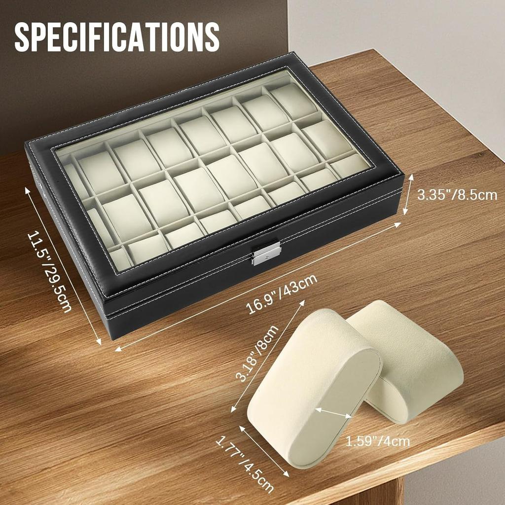 Watch Display Case Glass Top for Men Women PU Leather Display Storage Collection Organizer Jewelry Case with Removable Pillows