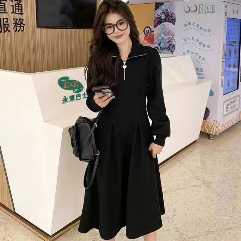 Large Size High-end Long-sleeved Waffle Inner Dress Women's Spring and Autumn New Waist Skirt