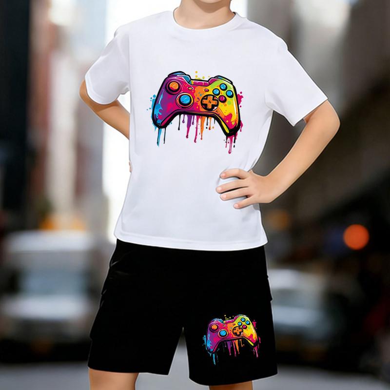 

Boys 2 Piece Game Controller Print Outfit, Short Sleeve T-Shirt and Shorts Set for Kids Age 5-14, White Sporty Casual Summer Clothes 13-14 Years