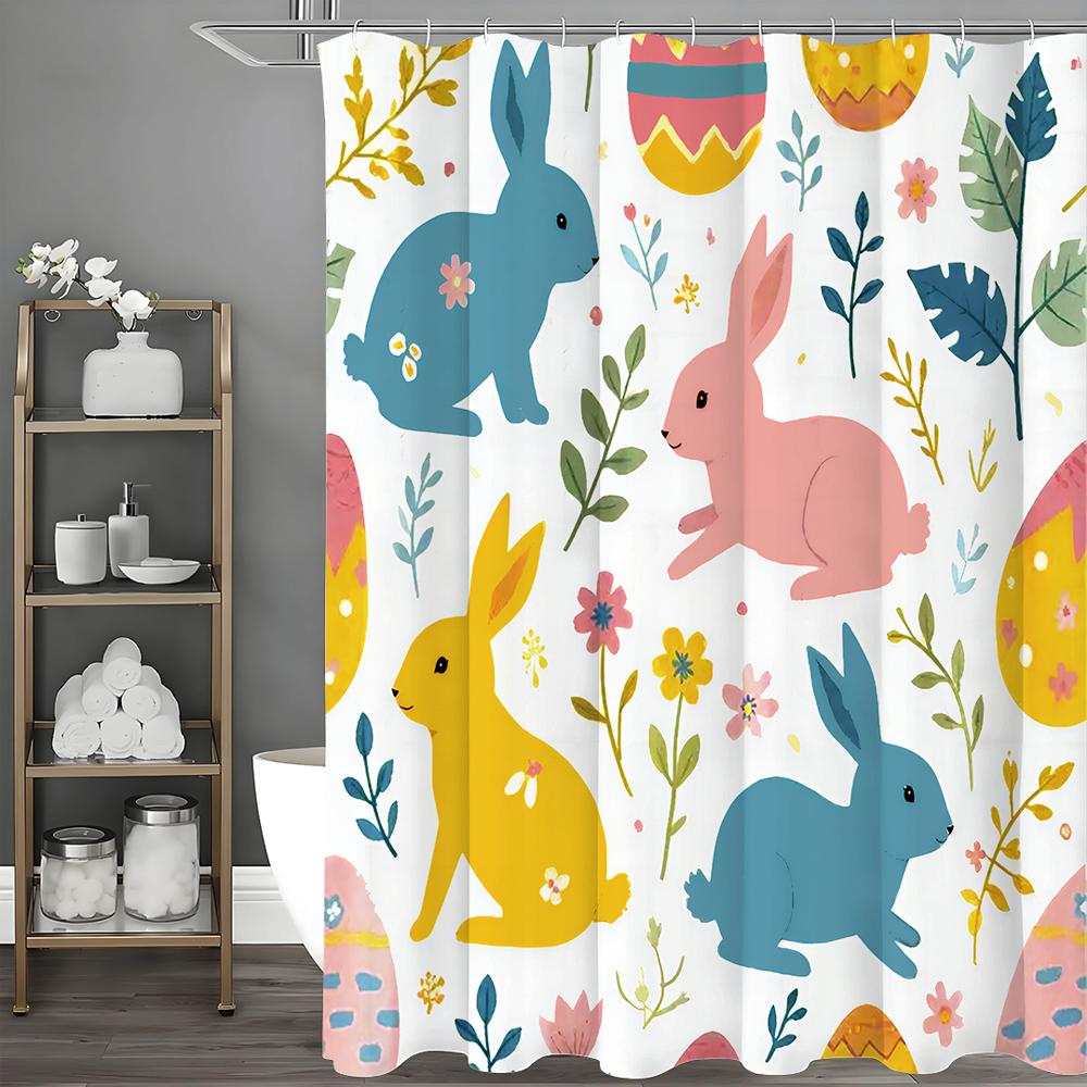Easter Shower Curtain, Easter Bunny Bathroom Shower Curtain, Spring, Bunny Pattern, Floral, Colorful, Waterproof Shower Curtain