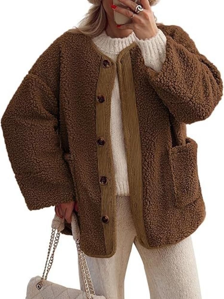 

Women s Cream Faux Shearling Coat with Brown Trim and Round Neck, Multi-Color Options XXL коричневий