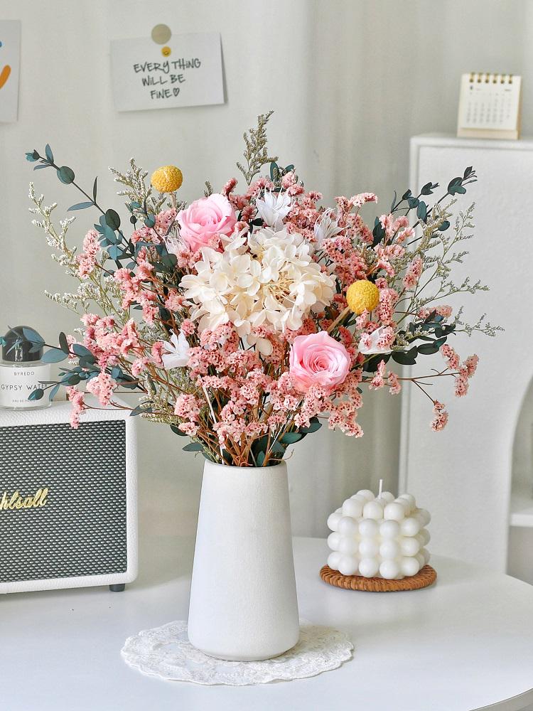 Eternal Rose & Baby's Breath Dried Flower Bouquet - Natural Living Room Display Ornament