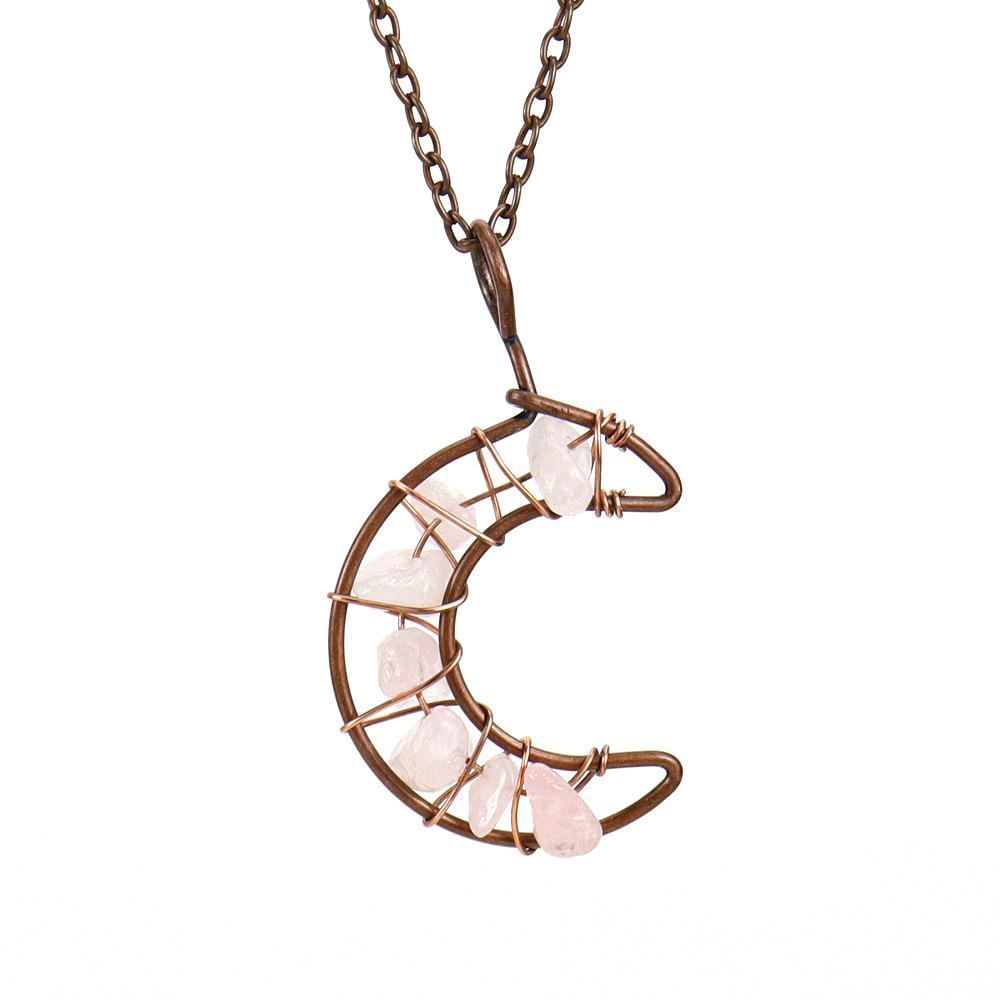 Vintage Handmade Wire-Wrapped Amethyst Moon Pendant Necklace with Colorful Crushed Stone Beads