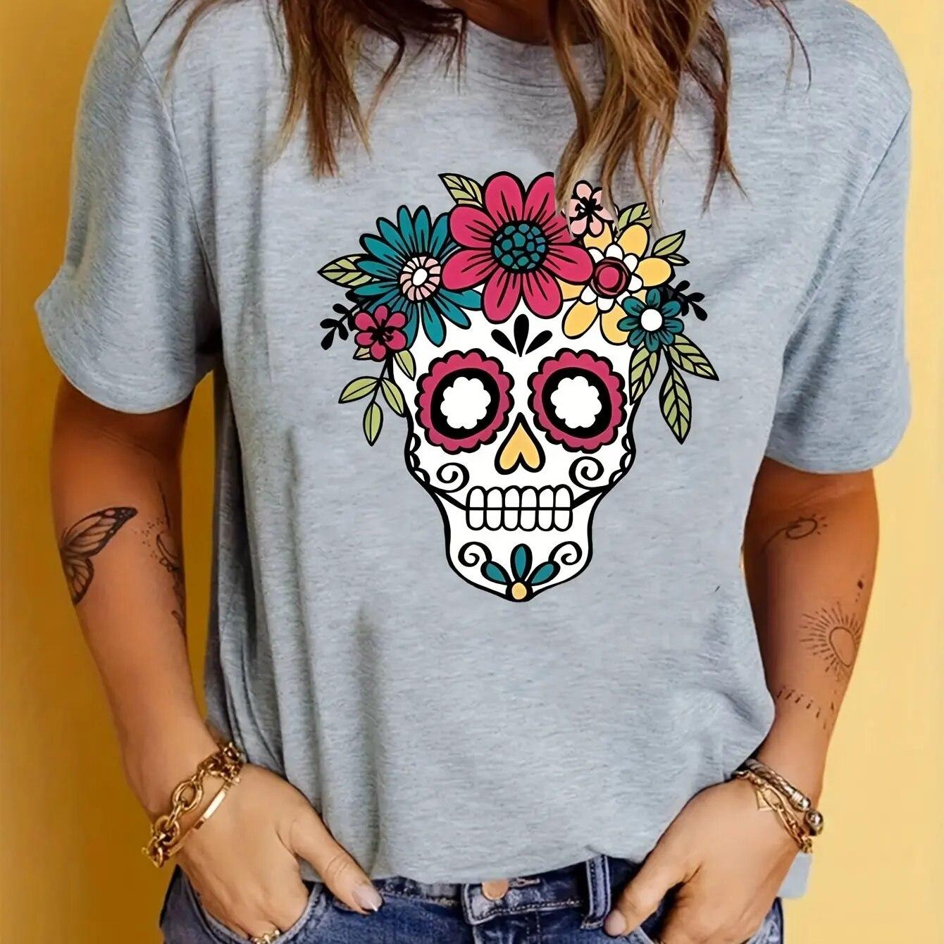 

Модні жіночі футболки Літні топи Футболки Хіп-хоп 3D-принт із зображенням черепа Жіноча футболка Повсякденна бавовна з короткими рукавами Вуличний одяг 6XL