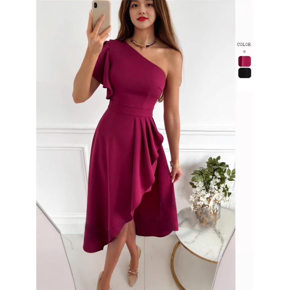 Women s One‑Shoulder Ruffle Detail Waist‑Fitted Asymmetrical Hem Midi Dress S