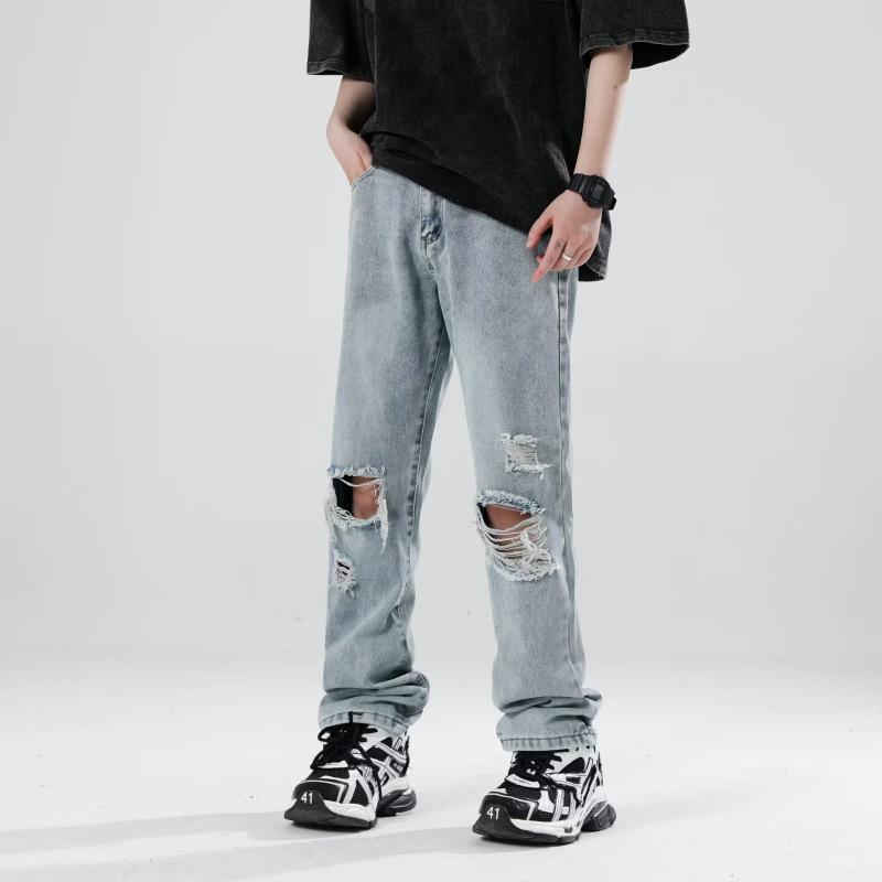 JYL Men s Straight Jeans American Vintage Ripped Summer Ins Loose Denim L