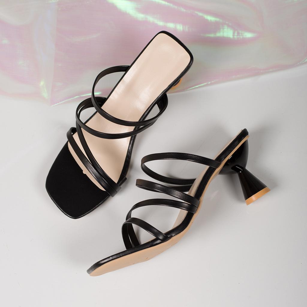 Black Thin Strap High Heel Women 2025 New Medium Heel Cool Slippers Women Wear Sexy One-word Strap Women's Shoes