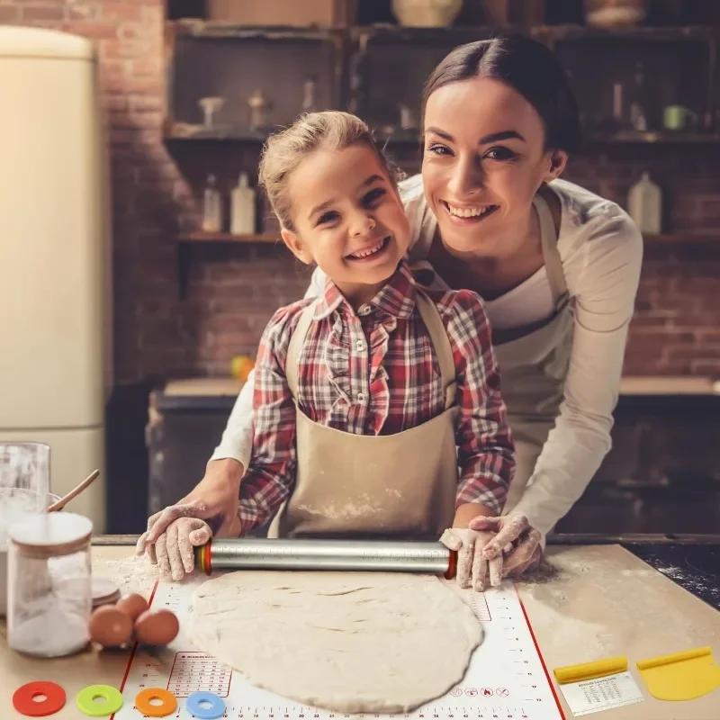 Rolling Pin and Silicone Baking Pastry Mat,Stainless Steel Dough Roller,Rolling Pins with Adjustable Thickness Rings, for Baking