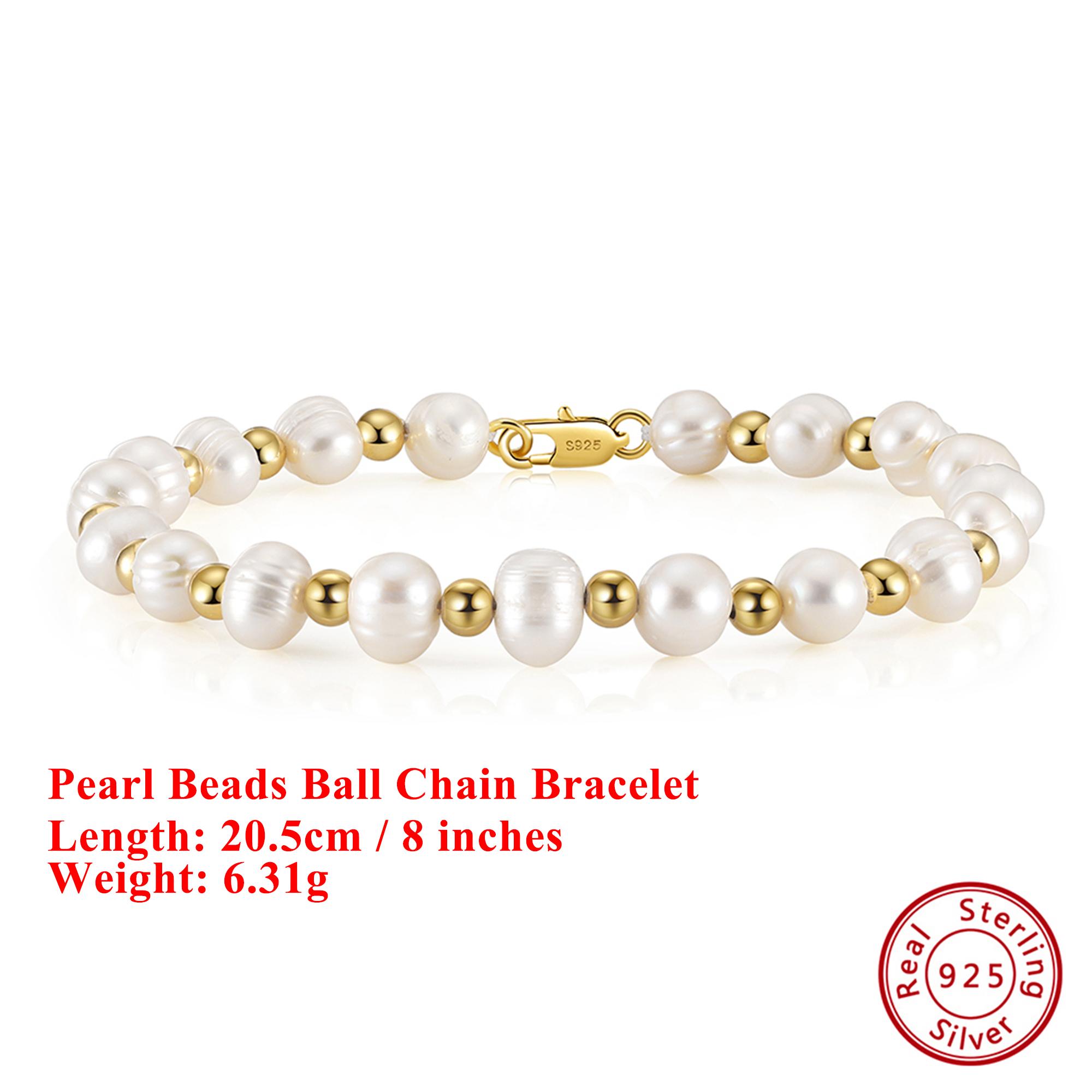 

EFFIE QUEEN Genuine 925 Silver 14k Gold Round Freshwater Pearl Beads Ball Chain Bracelet Natural Jewelry for Men Wedding NMB03