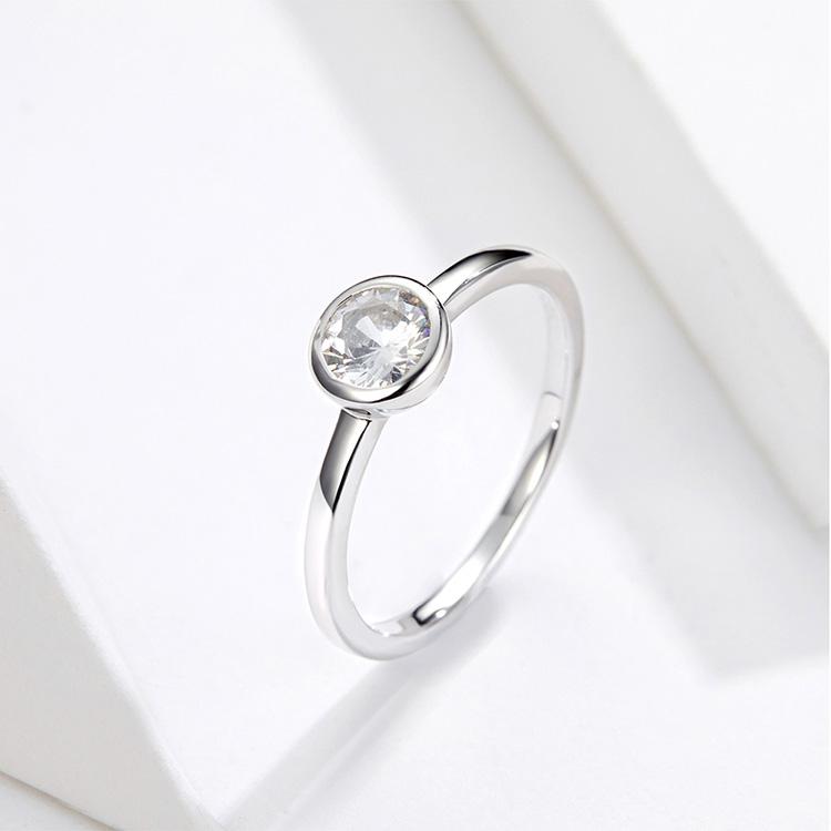 Bamoer Basic Clear Zirconia Finger Ring Sterling Silver Minimalist Women Engagement Wedding Band Ring