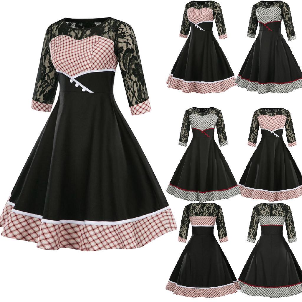 

Women s Retro Plaid Print Lace Swing Dress Party Dress