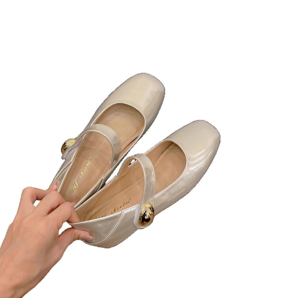 Small inner height increase women's shoes metal word belt ballet shoes outer wear 25 summer new French square head shallow mouth single shoes