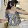 Vintage Ethnic Style Lace-up Square Collar Floral Shirts Women Summer New Loose Puff Sleeve Blouse Woman Elegant Fashion Slim Fit Ladies Shirt 26130
