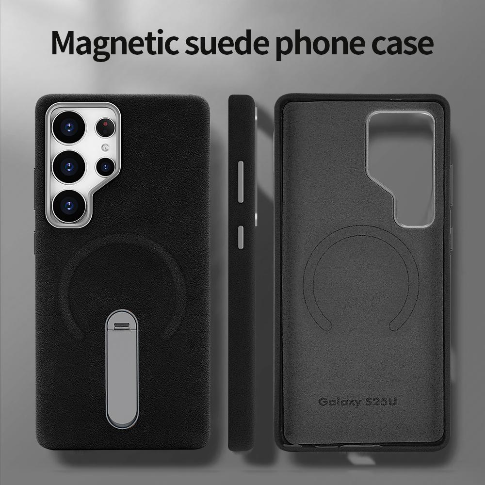 Suede Magnetic Wireless Charging Protective Phone Case with Metal Stand for Galaxy S24 Ultra/ S25 Ultra, Metal Camera Protection