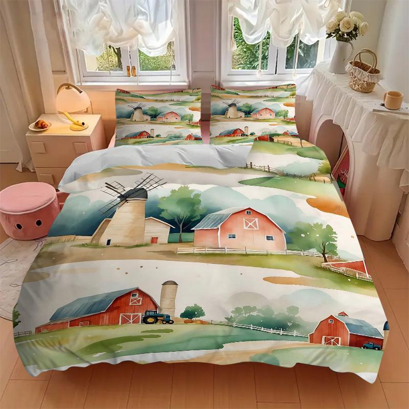 3pcs Serene Countryside Illustration Printed Quilt Set, Includes 1 Quilt Cover and 2 Pillowcases