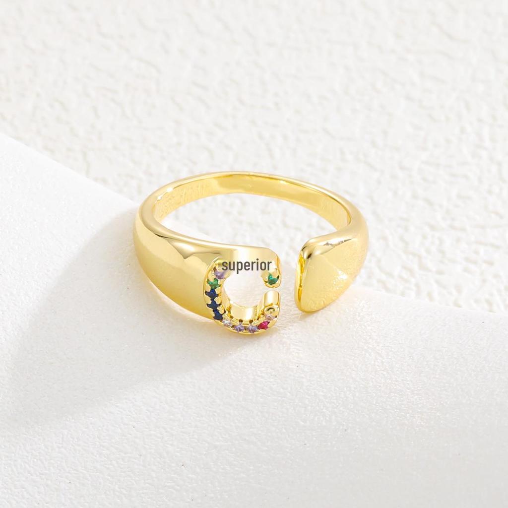 Fashionable Colorful Zircon Alphabet Adjustable Retro Ring