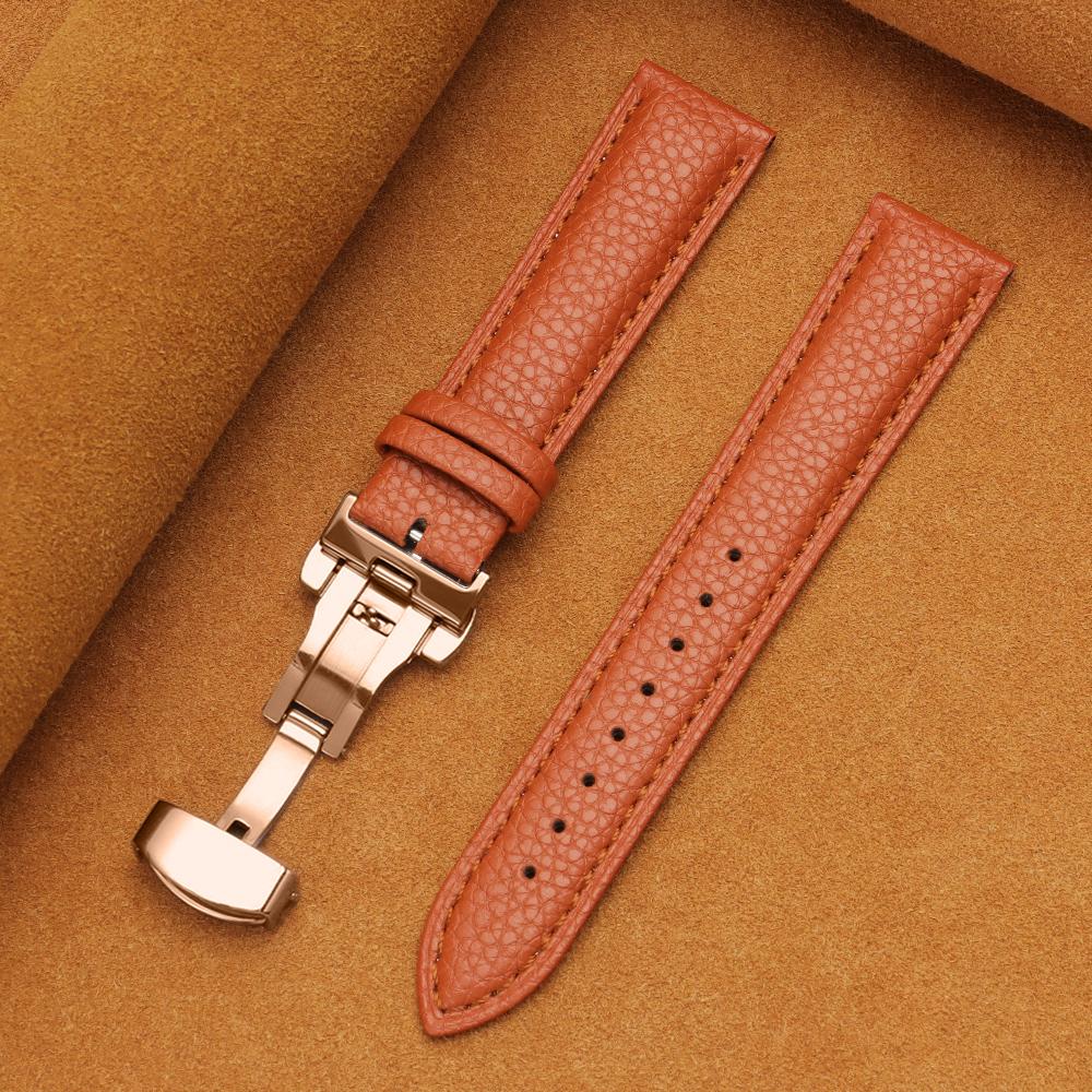 12/14/16/18/19/20/22mm Kalvskinnsklockarmband Litchimönstrad Rem Äkta Läder Armbandsurrem Fjärilsspänne Klocktillbehör