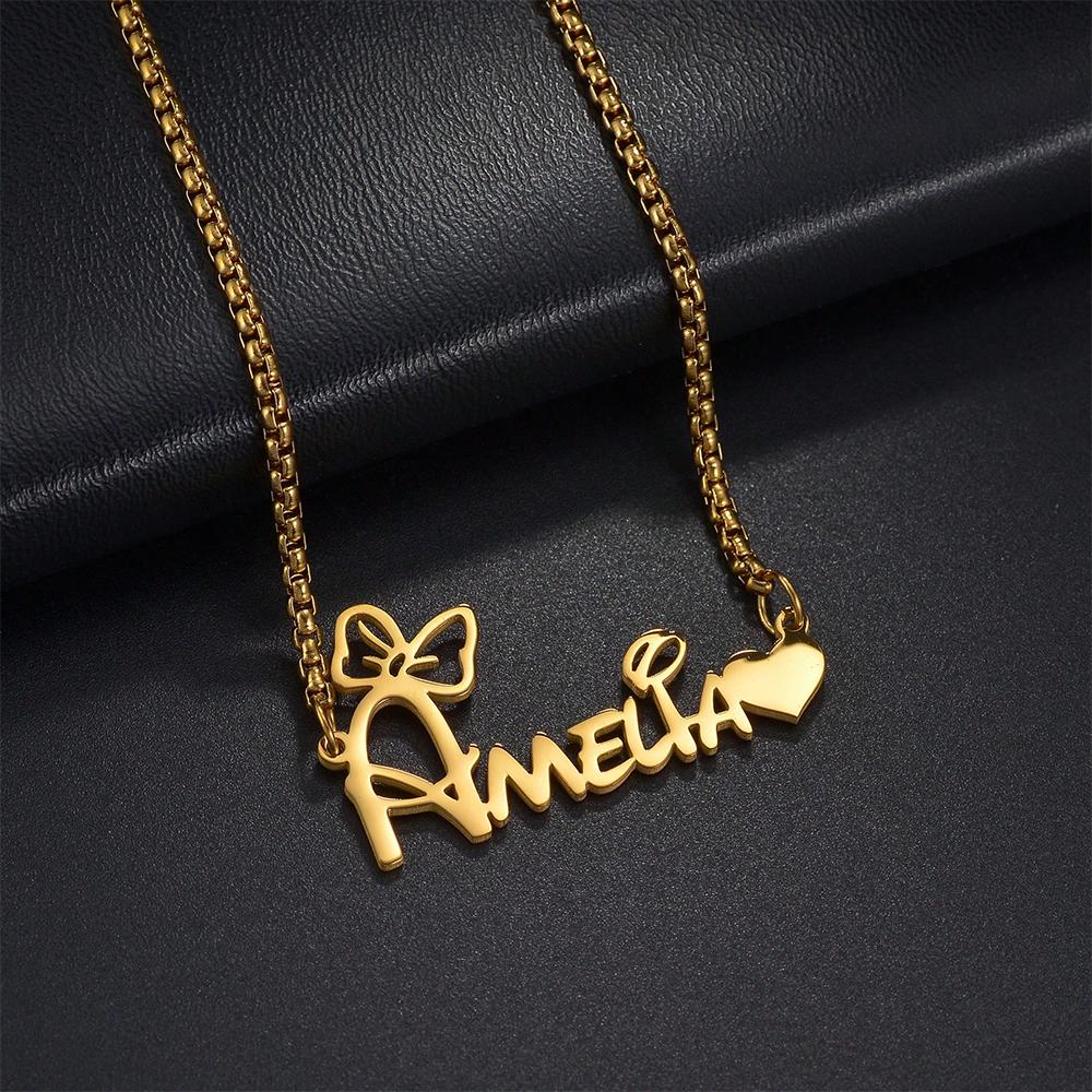 Custom Elegant Charm With Heart Name Bow Necklace For Women Girls Birthday Personalized Stainless Steel Christmas Jewelry Gift