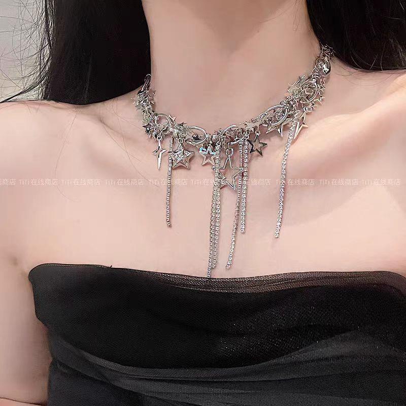 Layered Pearl Bead Wrap Choker Necklace With Cross Pendant Tassel Fringe Women Alloy Chain 2025 Star Tassel Necklace 2025-449