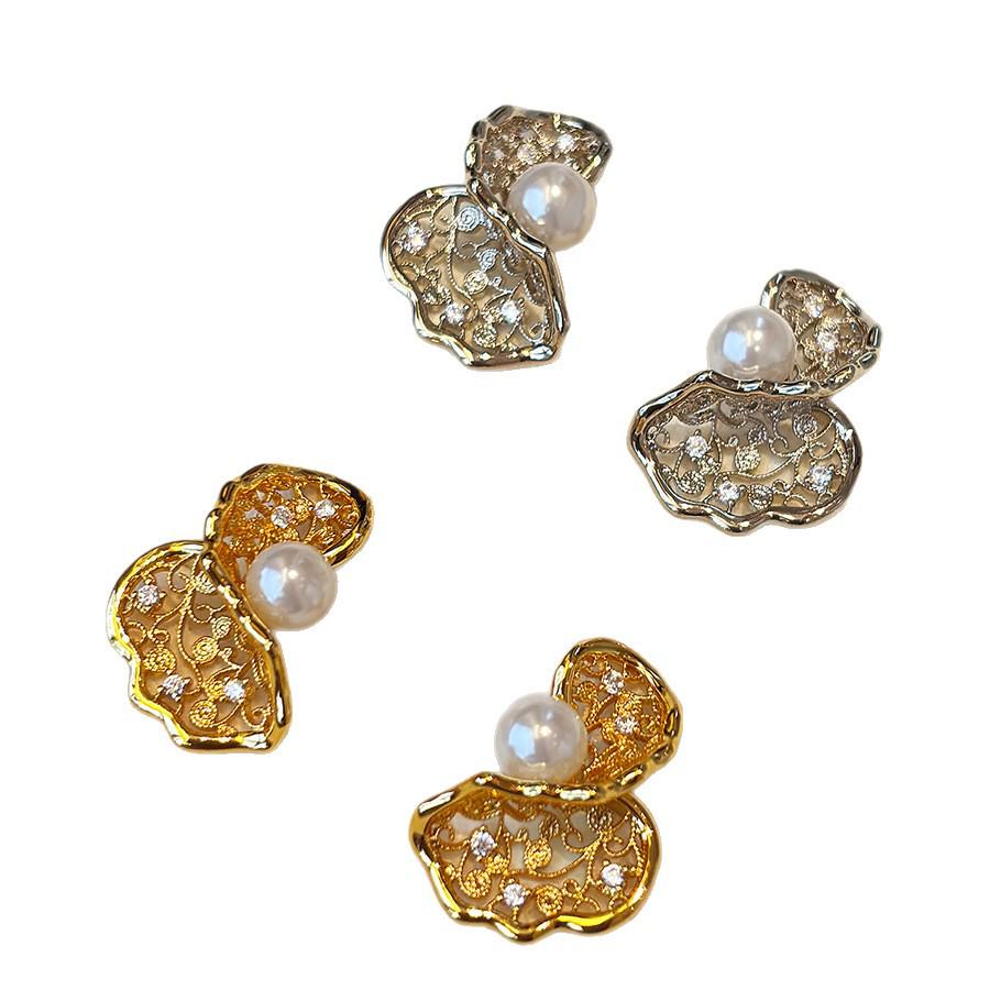 Gold-Plated Silver Zircon Pearl Stud Earrings - Chic High-End Style for Women