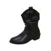 Sheepskin version~ inner height-increasing retro pleated stacking boots women's V-mouth suede mid-tube western boots versatile thick-heeled knight bo