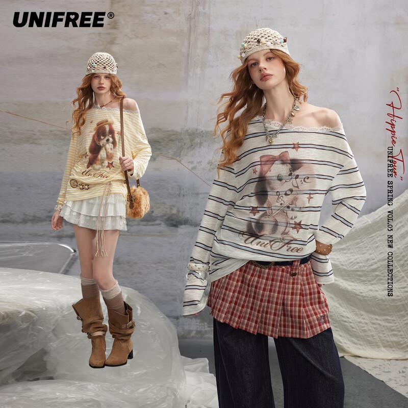 UNIFREE Plus Size American Retro Dog Print Off-Shoulder Striped T-Shirt S