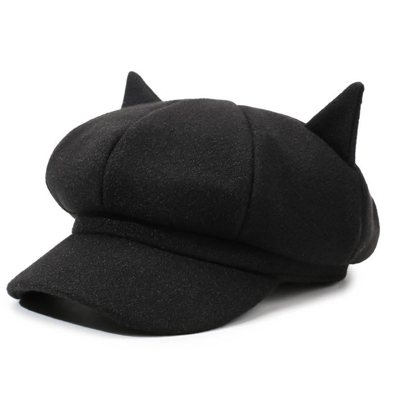 Cute Cat Ear Octagonal Hat, British Retro Wool Beret, Women's Solid Color Trendy Painter Hat