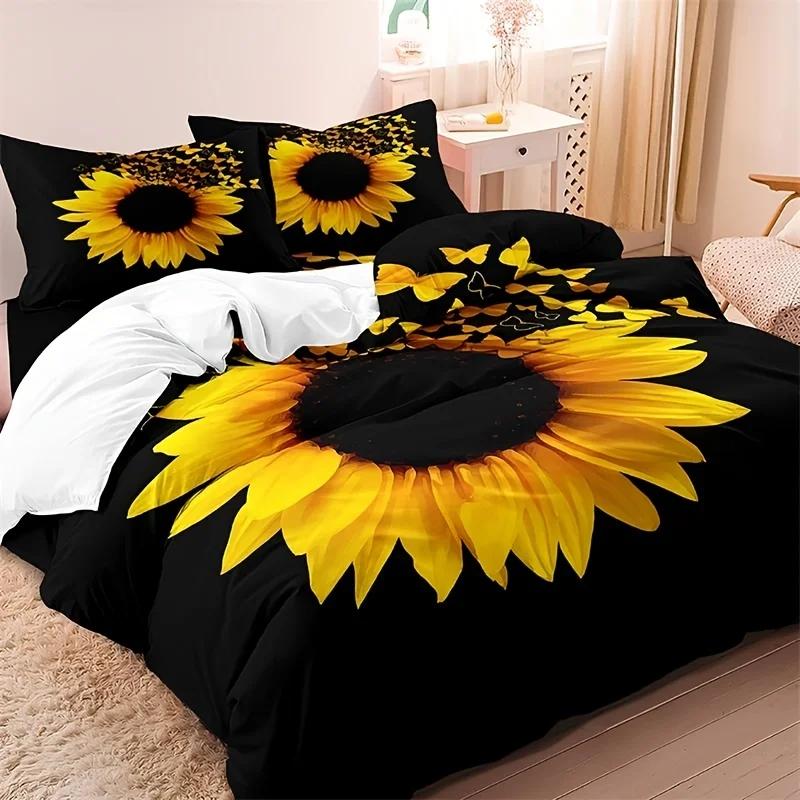 3pcs Fashion Duvet Cover Set, Sunflower Print Bedding Set With Zipper Closure, Soft Comfortable Duvet Cover