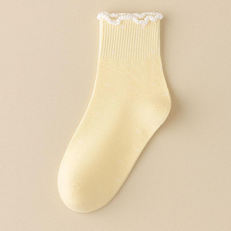 Black Fungus Lace Socks for Women, Spring and Autumn Style, Pile Socks, Cotton Socks, Summer Polka Dot Roll, Boneless Mid-calf Socks