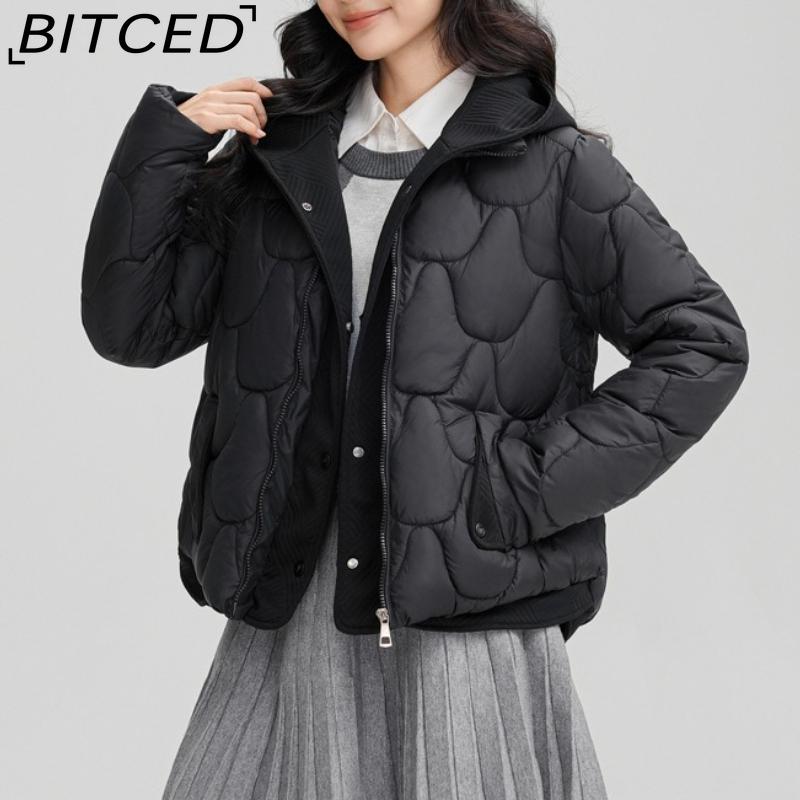 

BITCED Winter Cropped Oversized Down-Filled Quilted Jacket with Hood Thickened Padded Coat Slimming Trendy Cotton Jacket M чёрный
