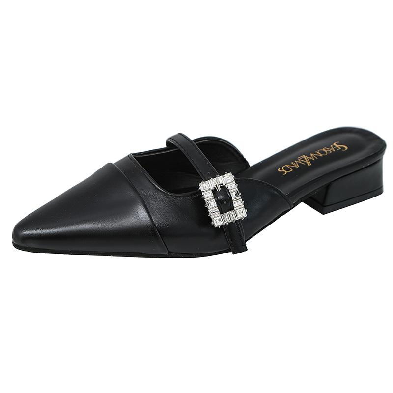 Printemps 2025 nouvelles demi-pantoufles à talon épais à bout pointu à enfiler chaussures pour femmes à porter à l'extérieur chaussures Mary Jane argentées