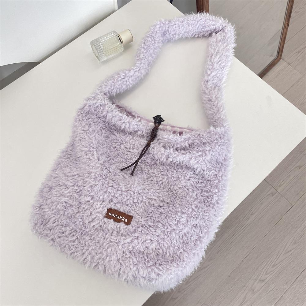Vintage Lamb Wool Shoulder Bag Harajuku Plush Underarm Bag Vintage Fluffy Tote Bag  Women