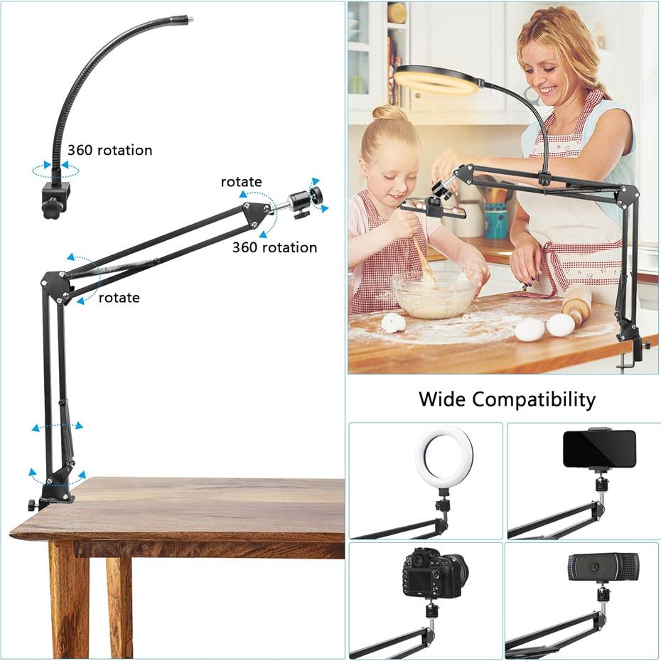 LED Selfie Ring Light Phone Stand With Folding Arm Circle Fill Light Dimmable Tripod Photography RingLight For YouTobe Streaming