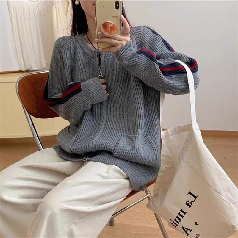 Retro color matching crew neck zipper sweater jacket women's autumn and winter new loose lazy wind knitted cardigan top