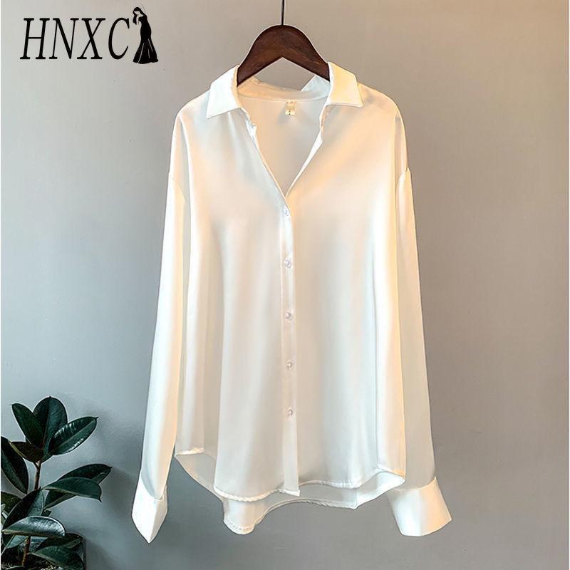 

HNXC Жіночі Модні Повсякденні Однотонні Блузки та Сорочки з Принтом з Довгим Рукавом та Комірцем ПОЛО S білий