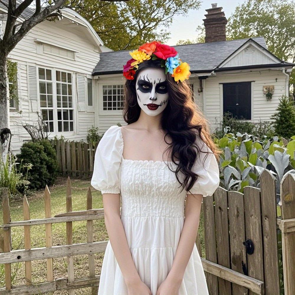Mexican Rose Flower Crown Headband Day of The Dead Floral Rose Crown Headband Headpiece for Halloween Costume Party Headbands with Colorful Flowers