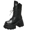 Fashion 9CM Women's Mid-Calf Boots New Fashion Lace-up Patent Leather Chunky Shoes Autumn High Heels Platform Motorcycle Boots For Woman