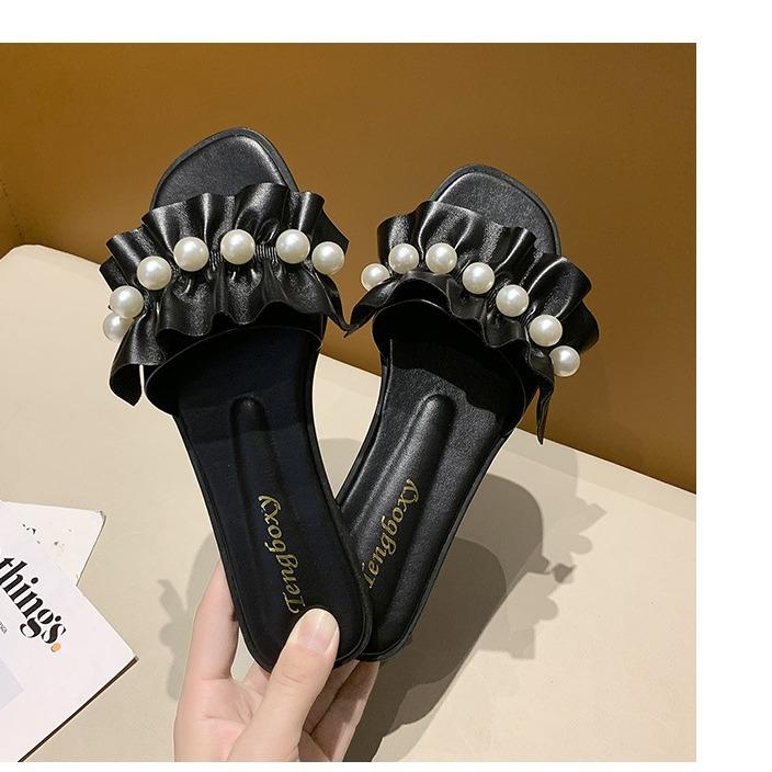 2025 Summer New Beach One-word Slippers Foreign Trade Women's Shoes Trendy Fairy Style Pearl Lace Cool Slippers Women's Outer Wear