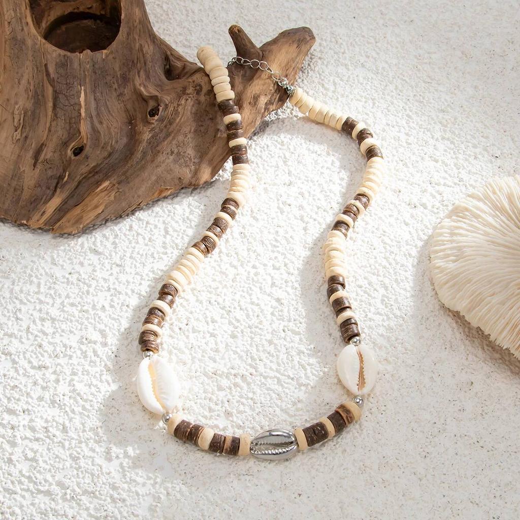 Ingemark Boho Coconut Husk Wooden Beads Conch Beads Chain Necklace for Men Summer Beach Vintage Adjustable Choker Daily Jewelry