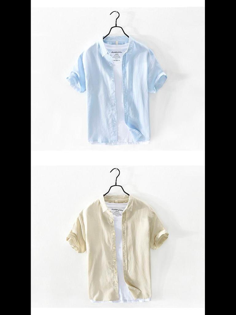 Men's Summer Ice Silk Linen Short-Sleeve Shirt - Loose, Business Casual, Solid White Trend