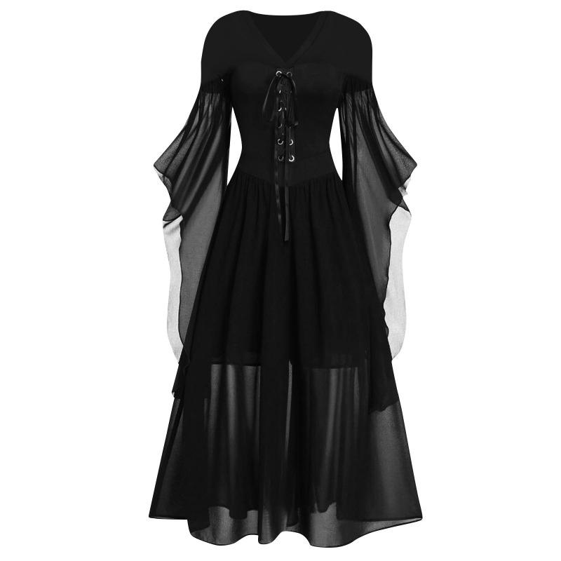 BITCED Fashion Autumn Winter V-Neck Long Sleeve Solid Color Print Casual Dresses S