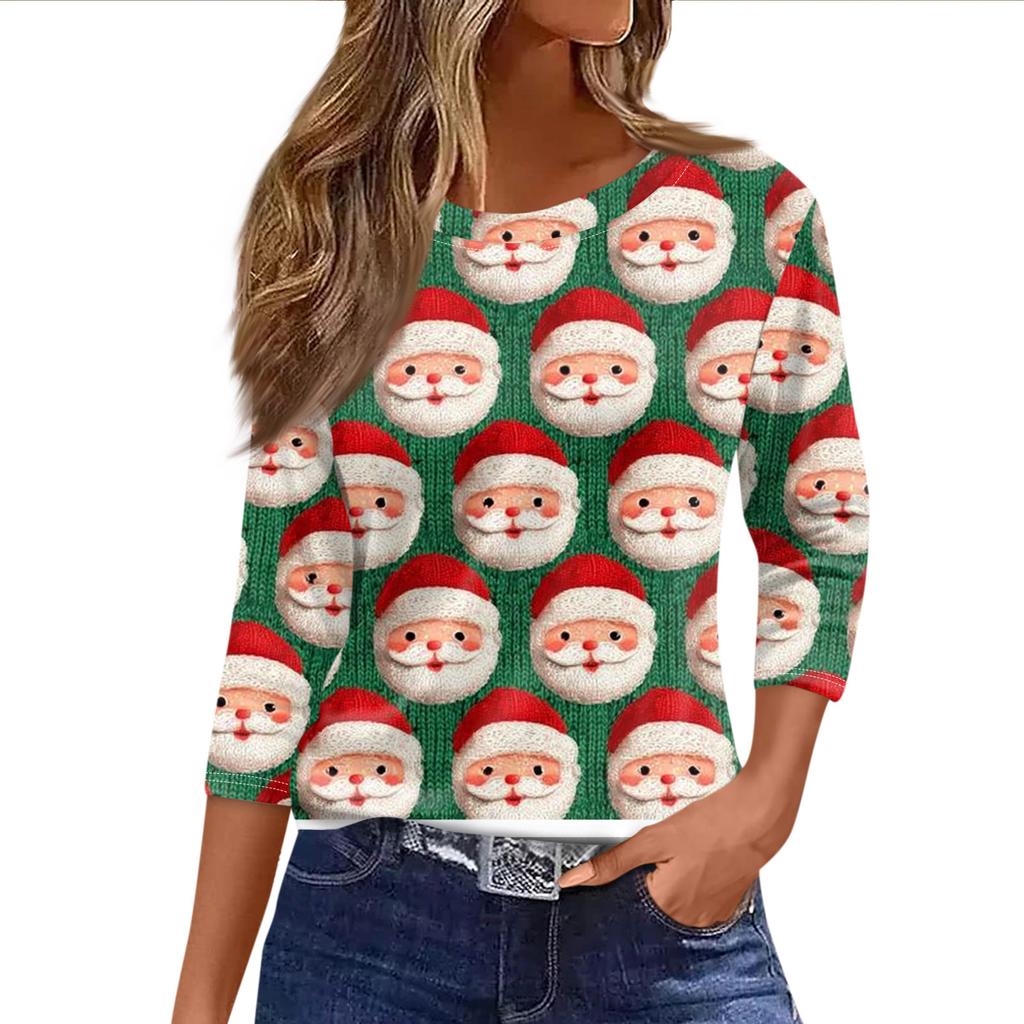 Women's Fashionable Casual Three Quarter Sleeve Christmas Printed Round Neck Top