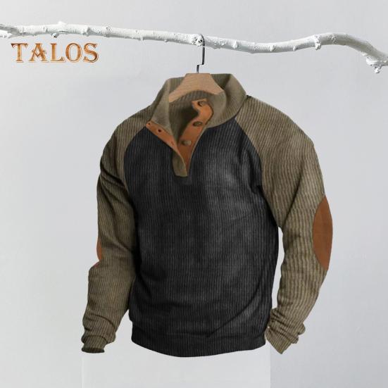 Spring Autumn Men Sweatshirt Colorblock Patchwork Retro Style Half-open Stand-up Collar Top Plus Size Loose Long Sleeves Top Daily Life Office