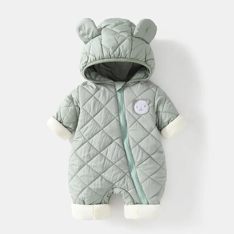 Winter Baby Bodysuit Solid Bear Ear Hooded Thickened Warm Newborn Jumpsuit Soft Toddler One-Piece Outfit