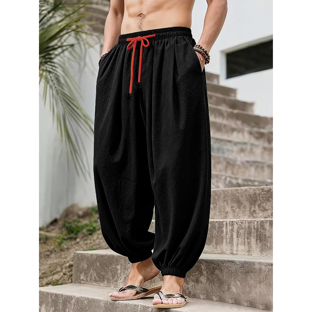 Men's Cotton Linen Wide Leg Pants Casual Loose Fit Solid Color Breathable Lightweight Elastic Waist Male Baggy Long Pants
